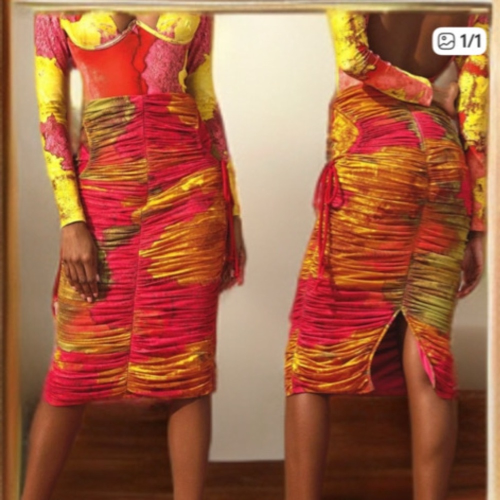 NWT Andrea Iyamah Taka Ruched Mesh Midi Skirt ERO-II Print Red Orange Size Small - Picture 5 of 12